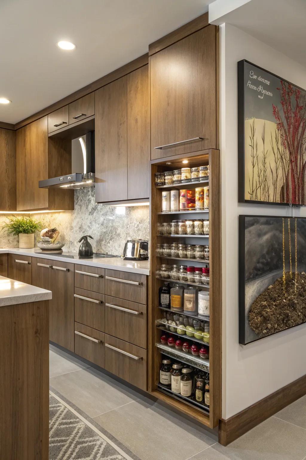 A modern kitchen featuring a concealed spice rack elegantly integrated behind a piece of artwork.