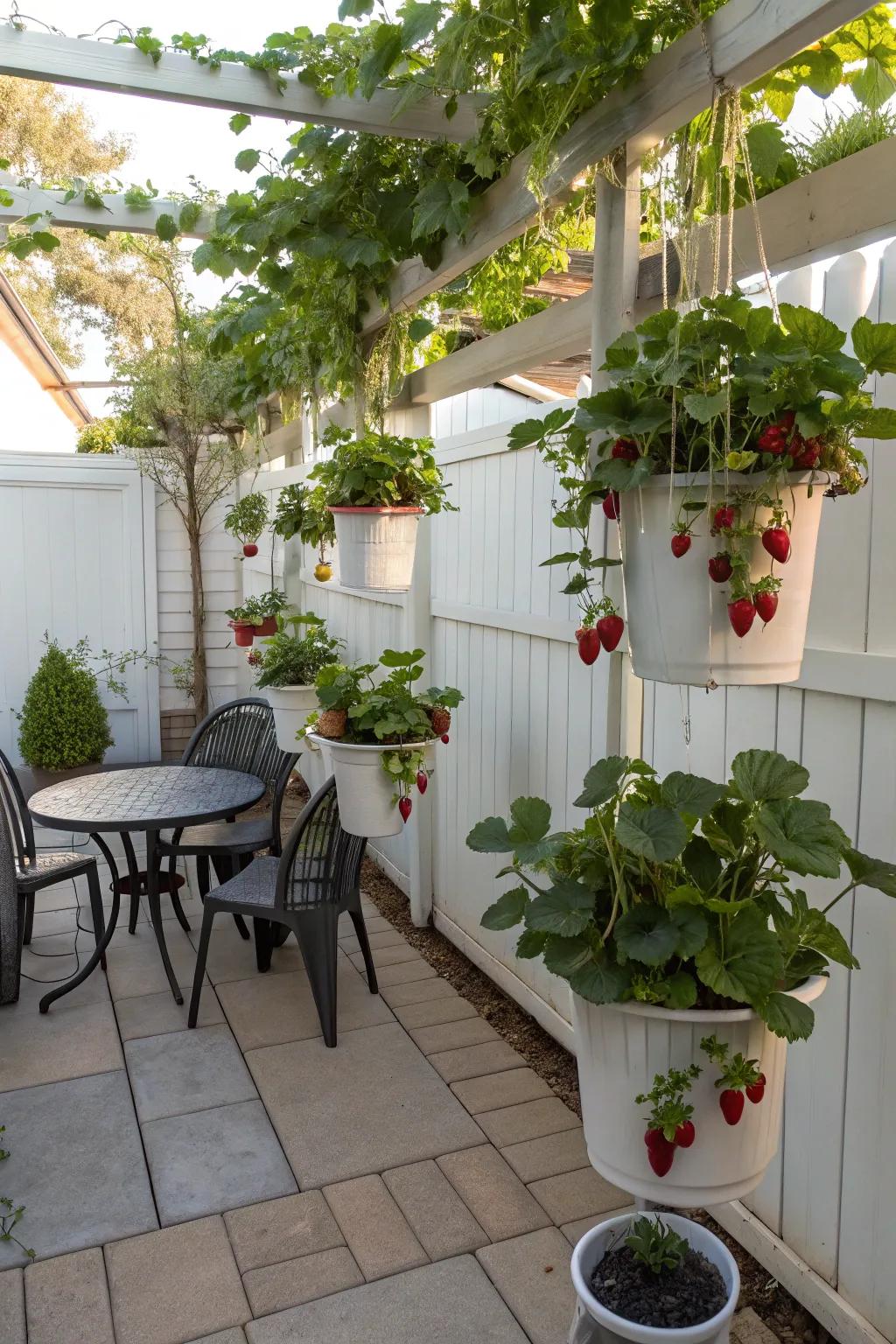 Strawberries suspended from inverted planters.