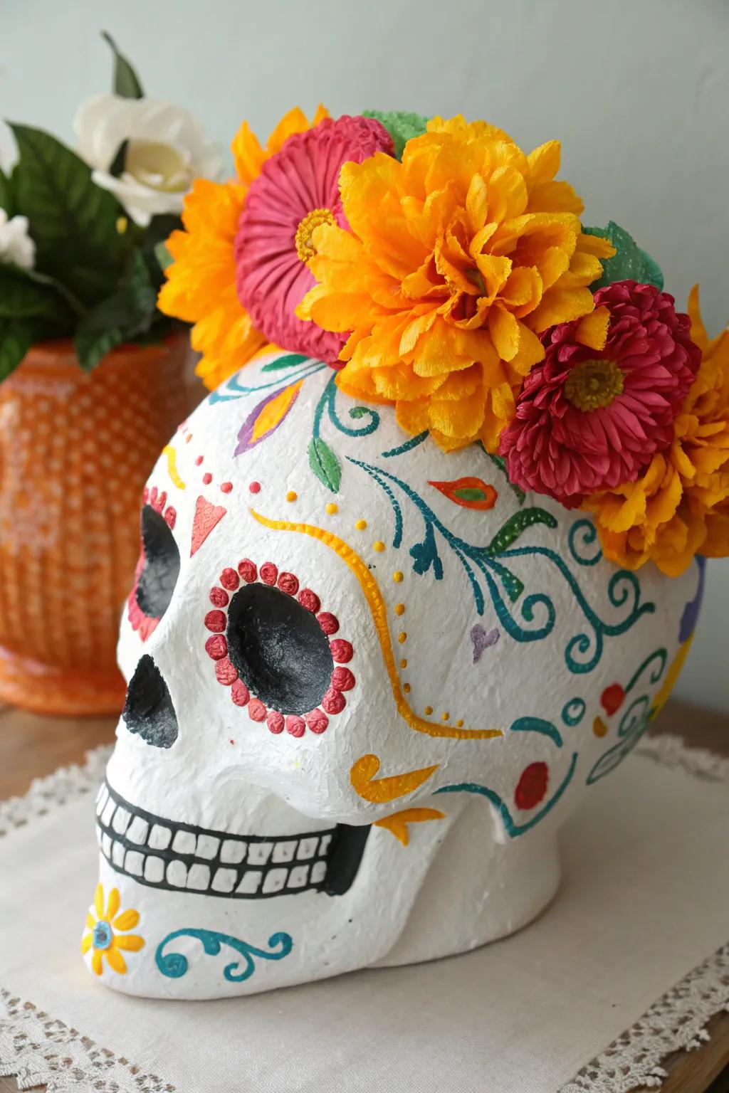 A Day of the Dead head that commemorates in vibrant style.