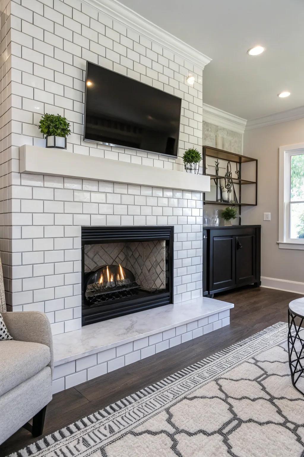 Monochrome rectangle tiles offer timeless sophistication to any fireplace.