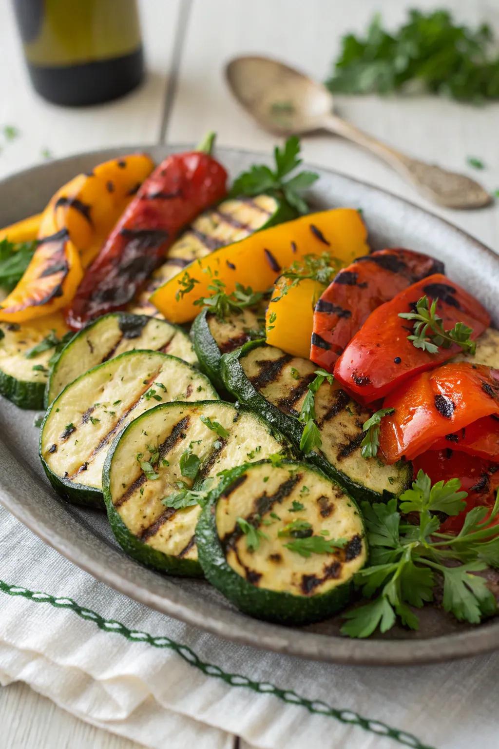 A colorful platter of well-seasoned grilled vegetables.