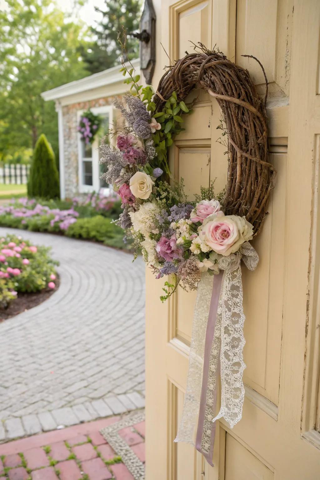 Journey back in time with a wreath reminiscent of a vintage garden gathering.