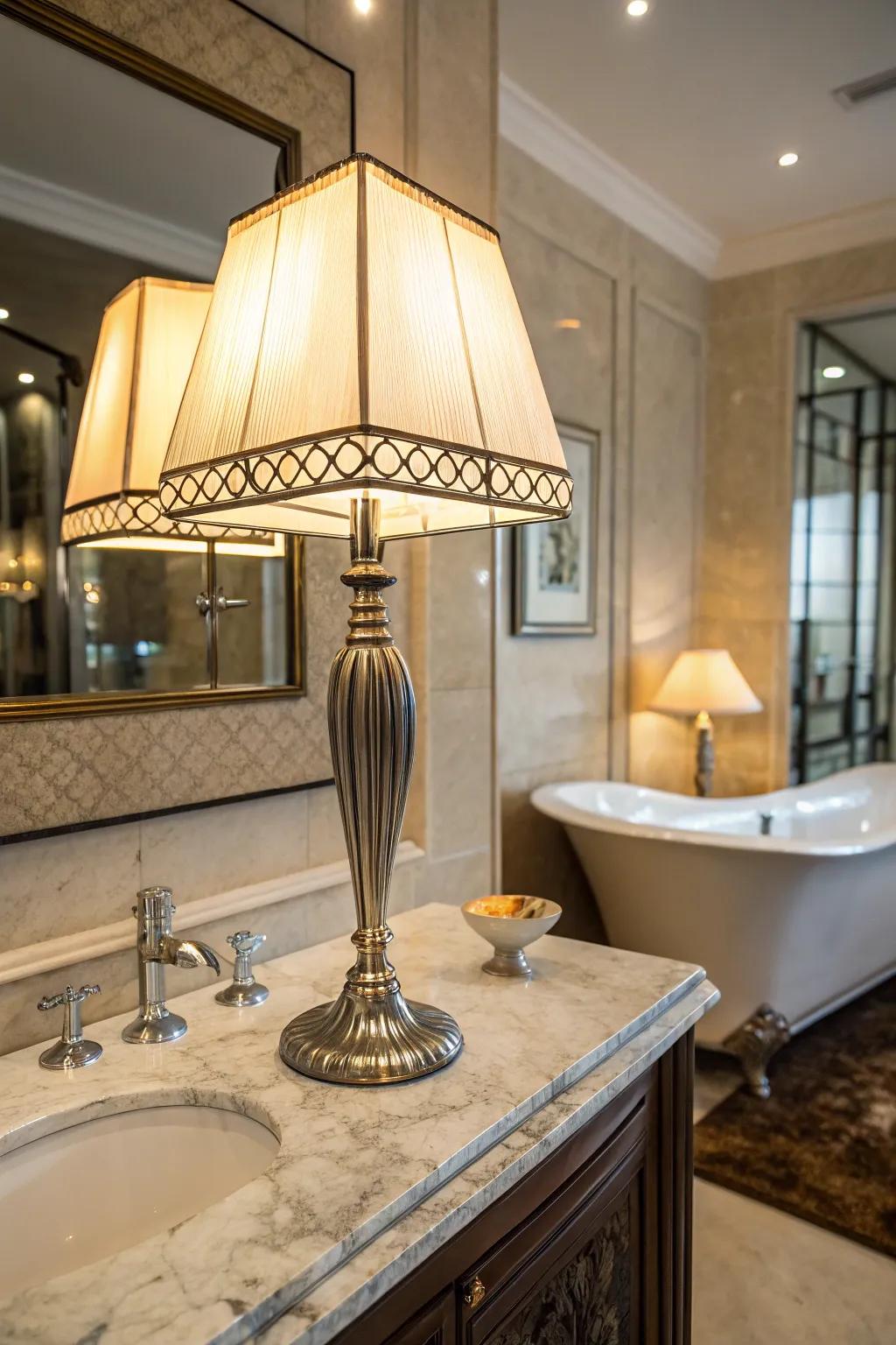 A glamorous table lamp introduces unexpected elegance to a bathroom.