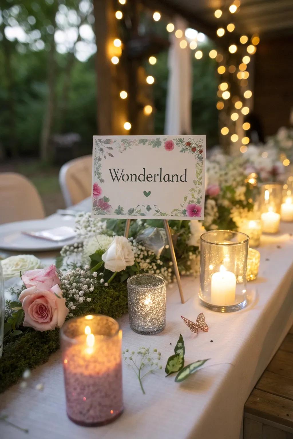 Table titles inspired by fairytales enchant with spirit and charm.