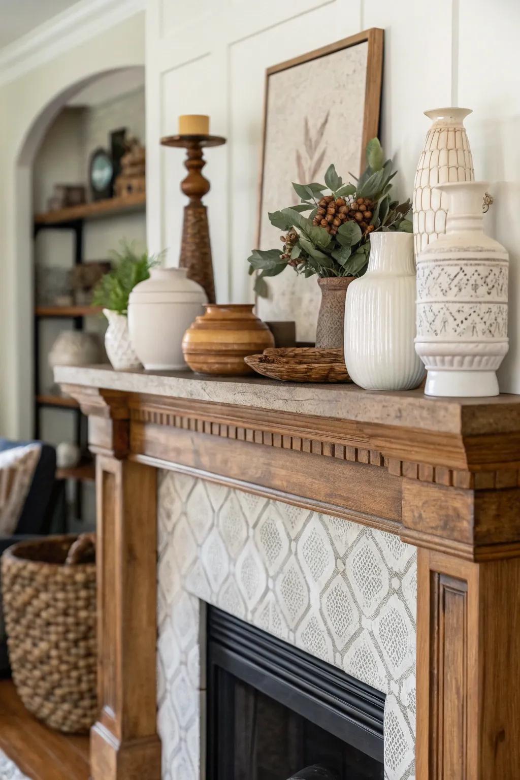 An elevated mantel showcasing a fusion of textures for enhanced dimension and intrigue.