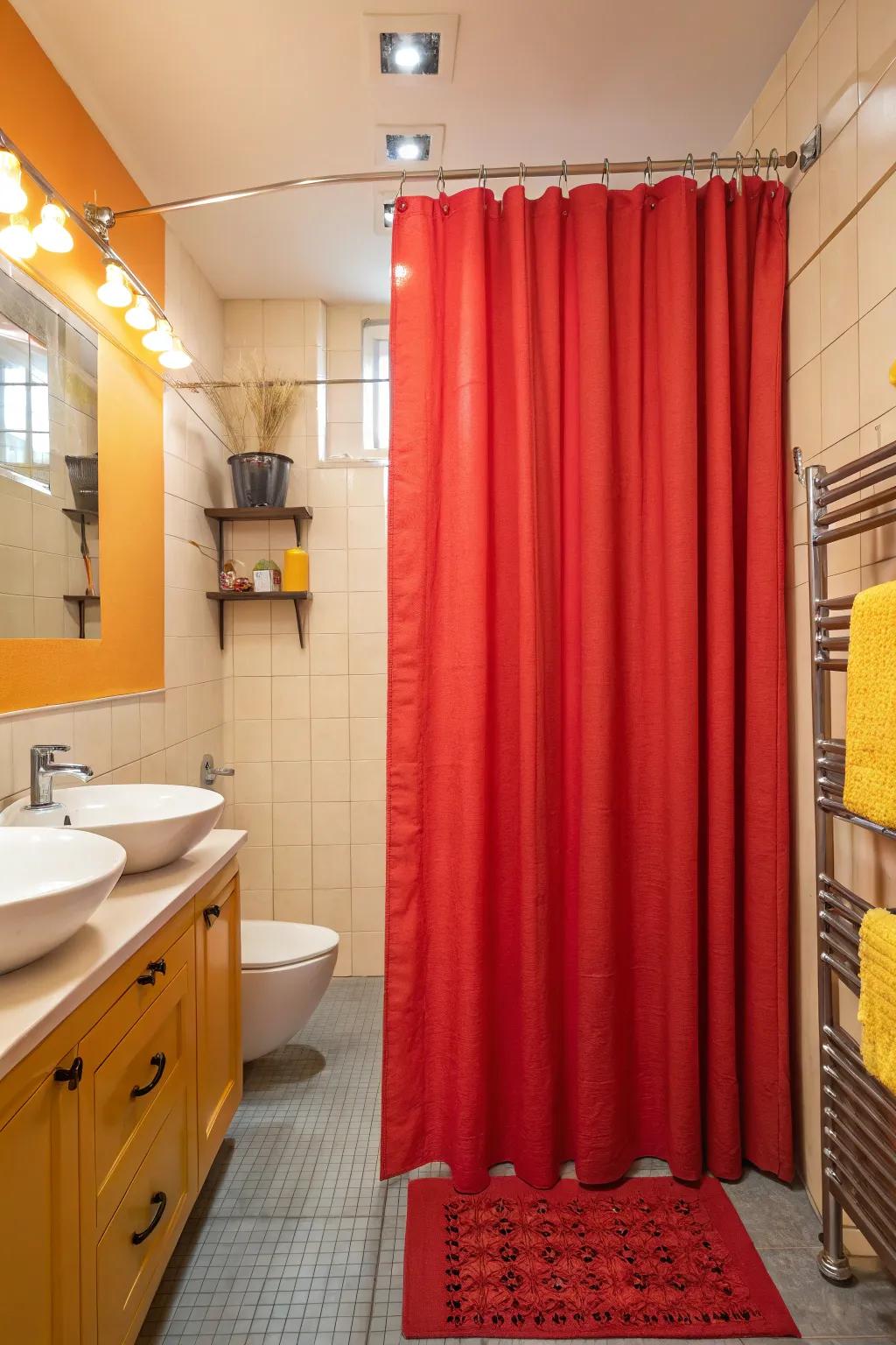 A bold-colored shower curtain can energize and transform your space.