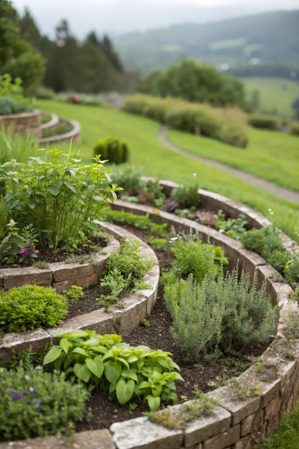 Herb spiral presenting a distinct and proficient approach for nurturing your tea plants.