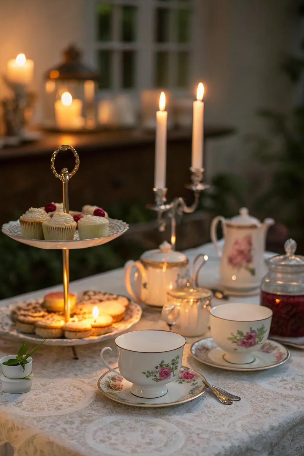 Wax lights provide a warm and inviting radiance to the tea gathering.