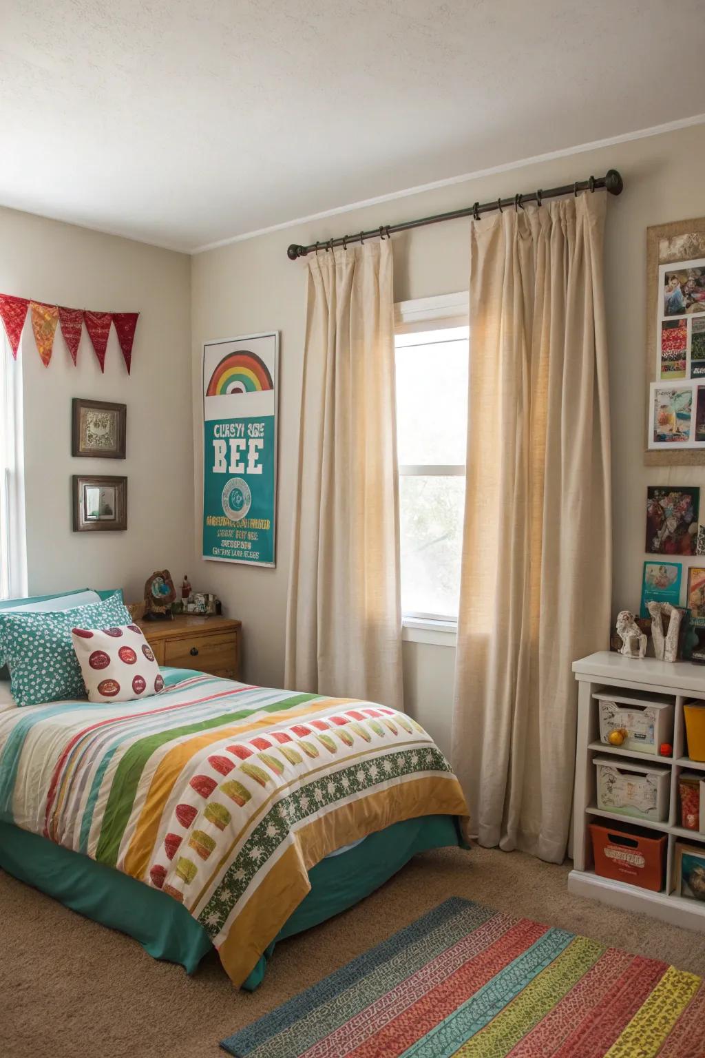 Uncolored curtains deliver a balanced and timeless context.