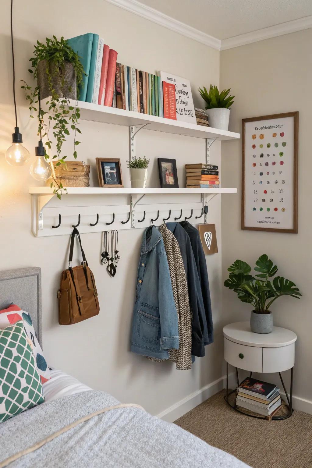 Wall-mounted storage maximizes space without sacrificing style.