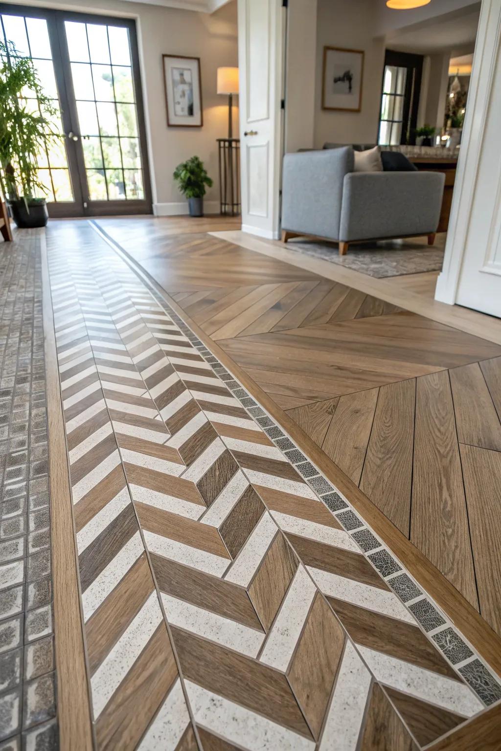 Angled tiles fashion a daring transition into timber surfacing.