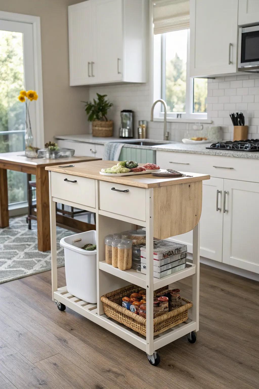A moveable island lends versatility and functionality to a compact kitchen.