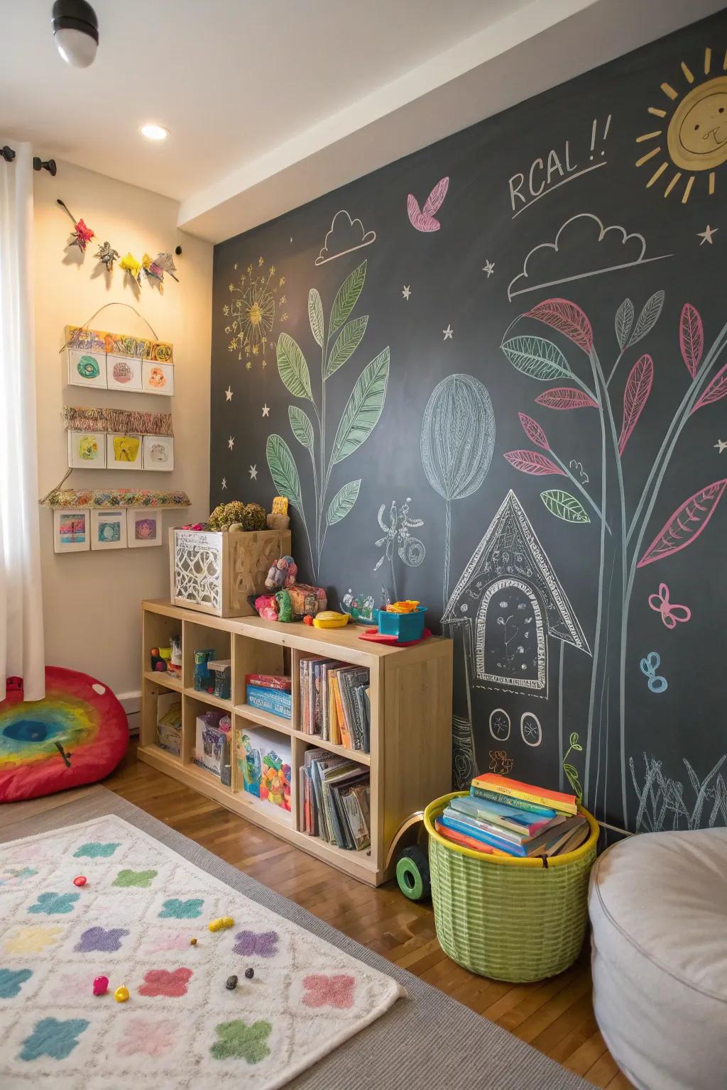 A chalkboard wall inspires creativity.
