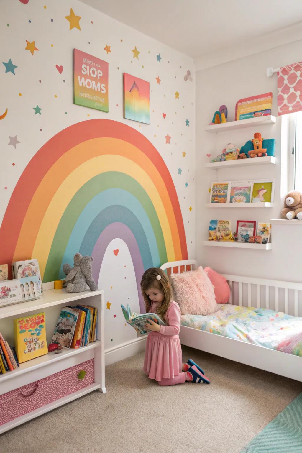 A rainbow mural brings a vivid and happy touch to the bed room.