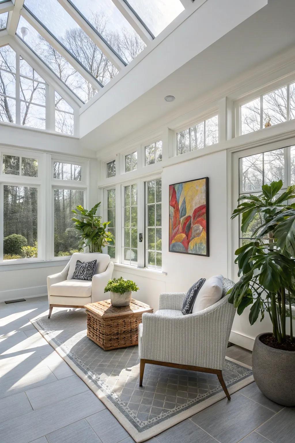 Pure walls in a sunroom providing a crisp and contemporary aesthetic.