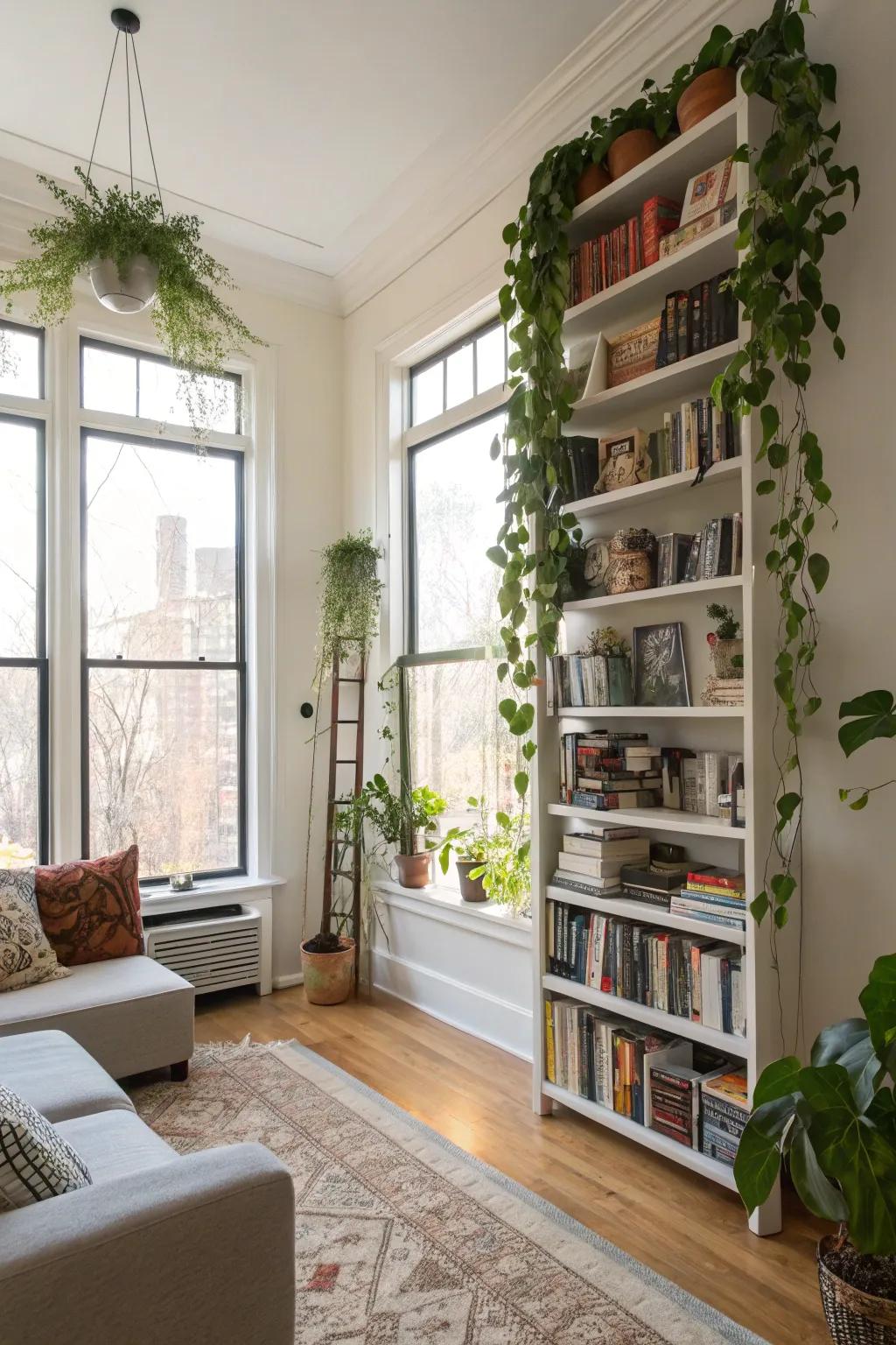 Vertical dimension is optimized through fashionable towering shelves and suspending flora.