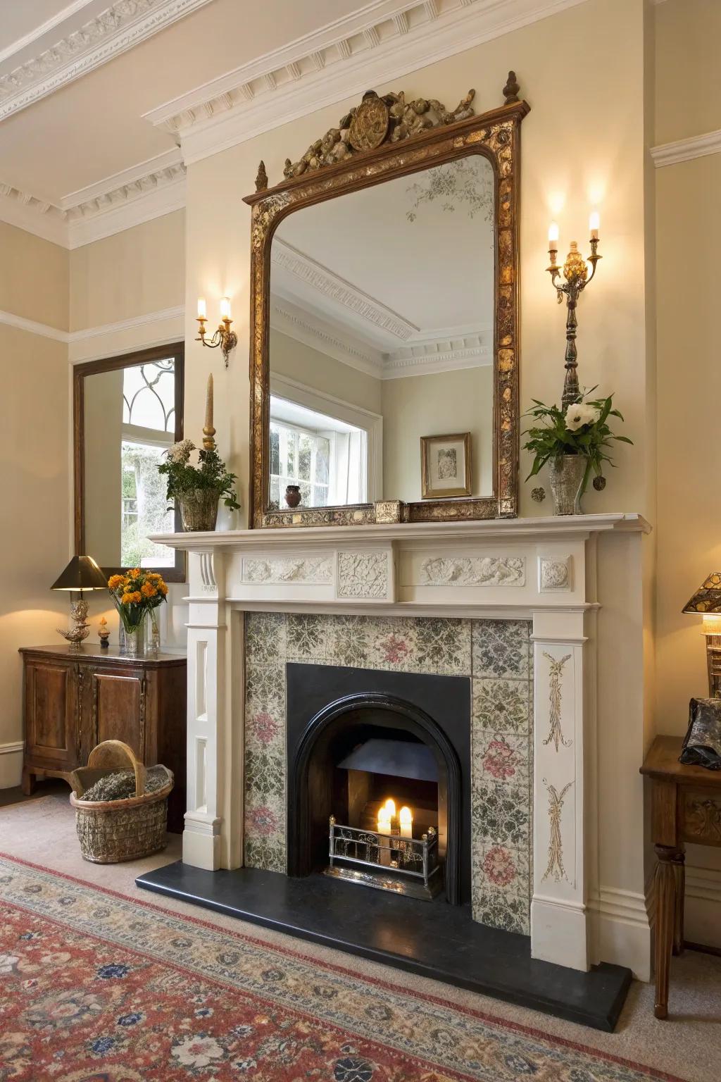 A sizable reflector above the mantel enhances chamber profundity.