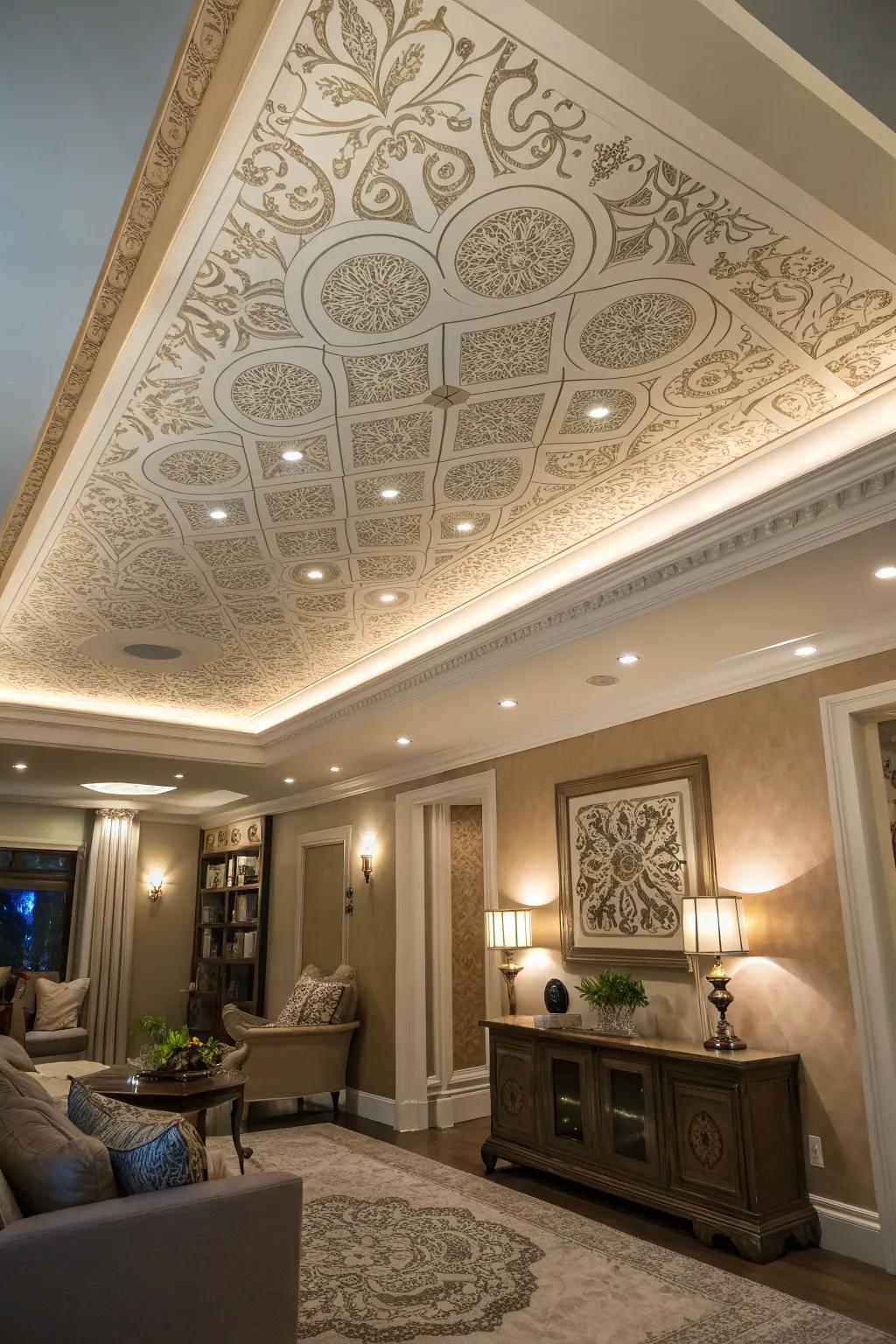An artistic room showcases a tray ceiling embellished with stenciled designs.
