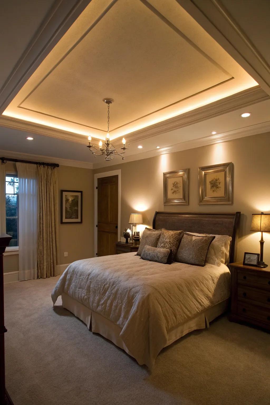 A serene bedroom features inviting, adjustable lighting in the tray ceiling.