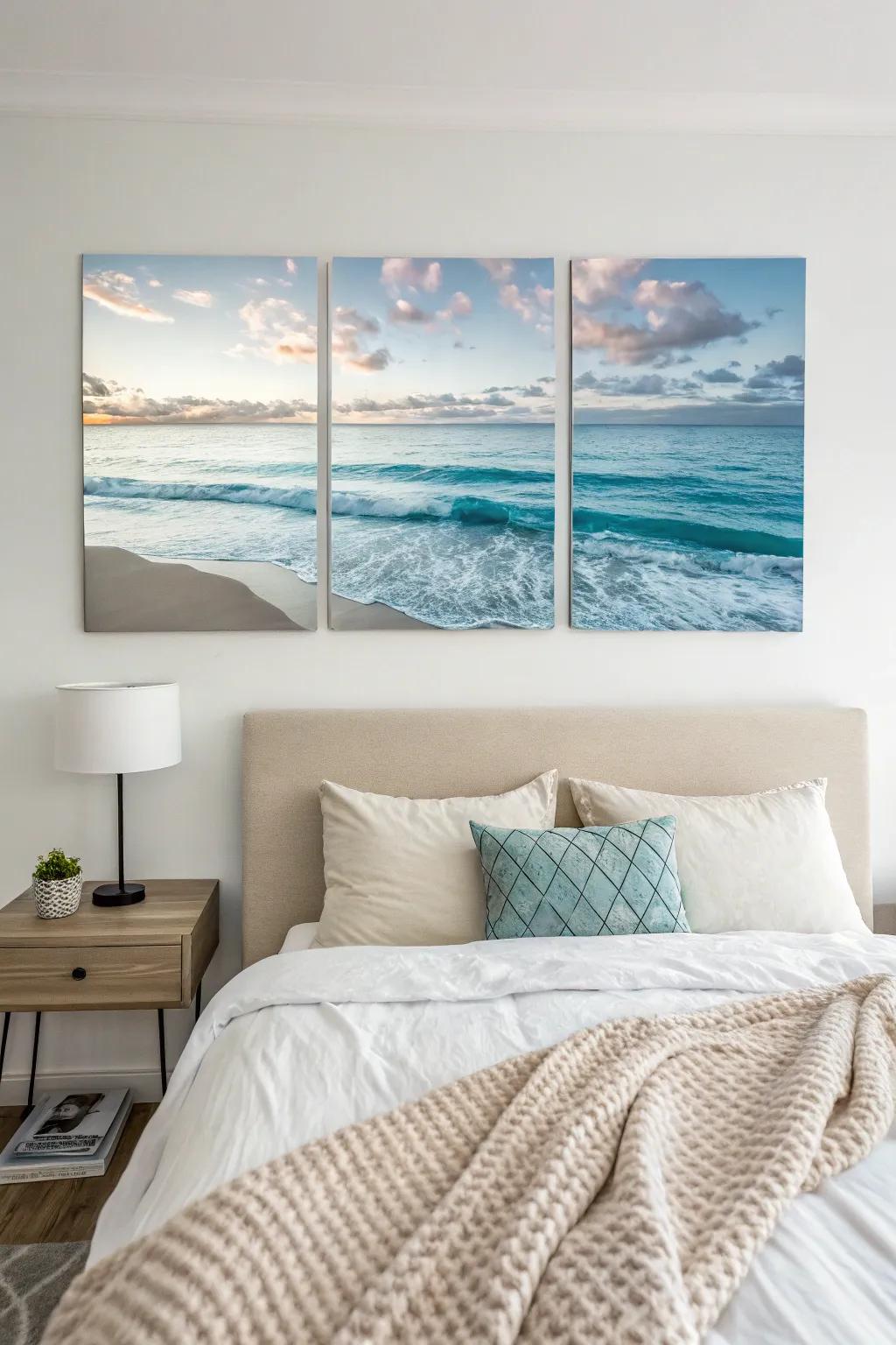 Beach-inspired triptych artwork for a peaceful bedroom.
