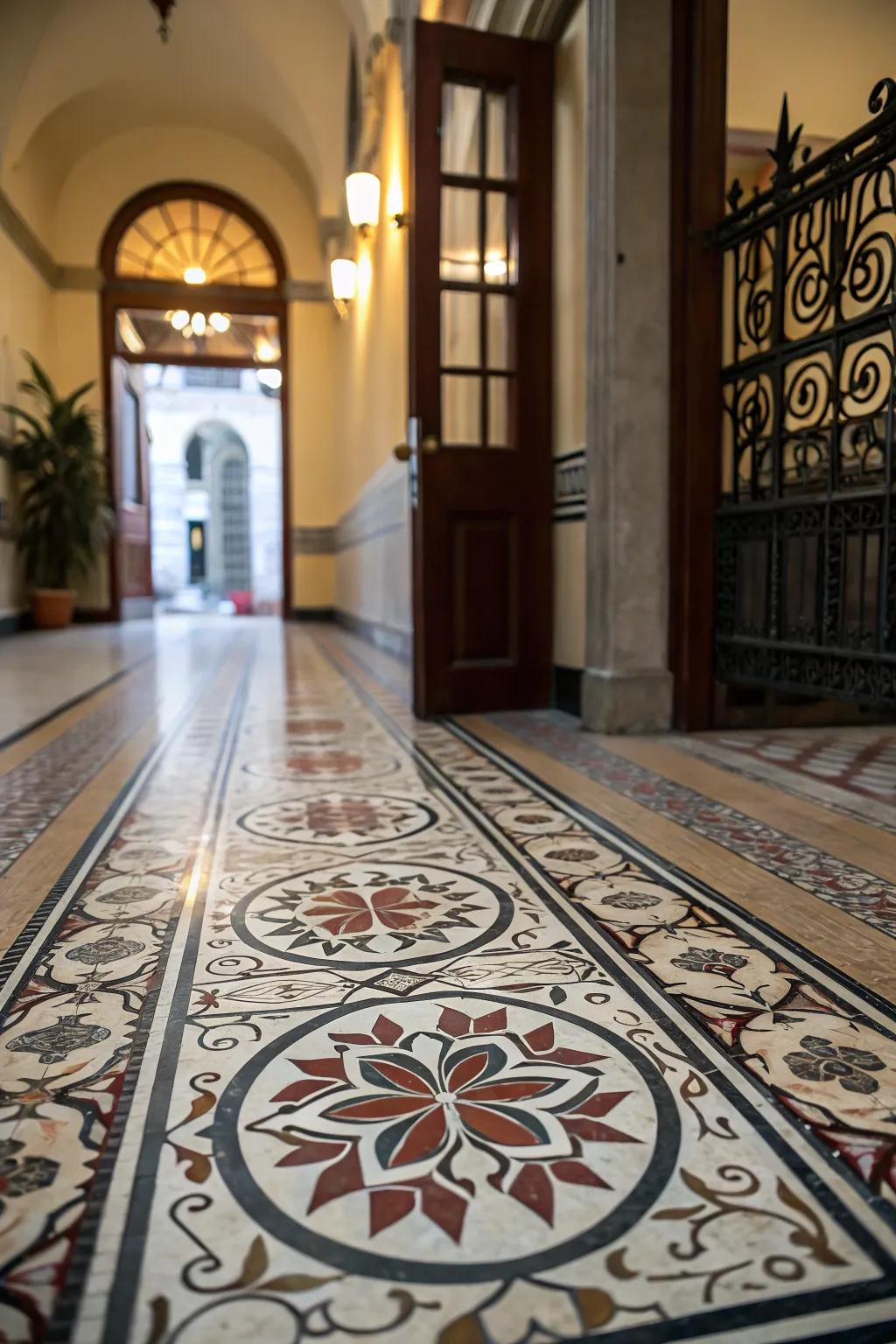 Striking flooring with elaborate designs anchors the entryway space.