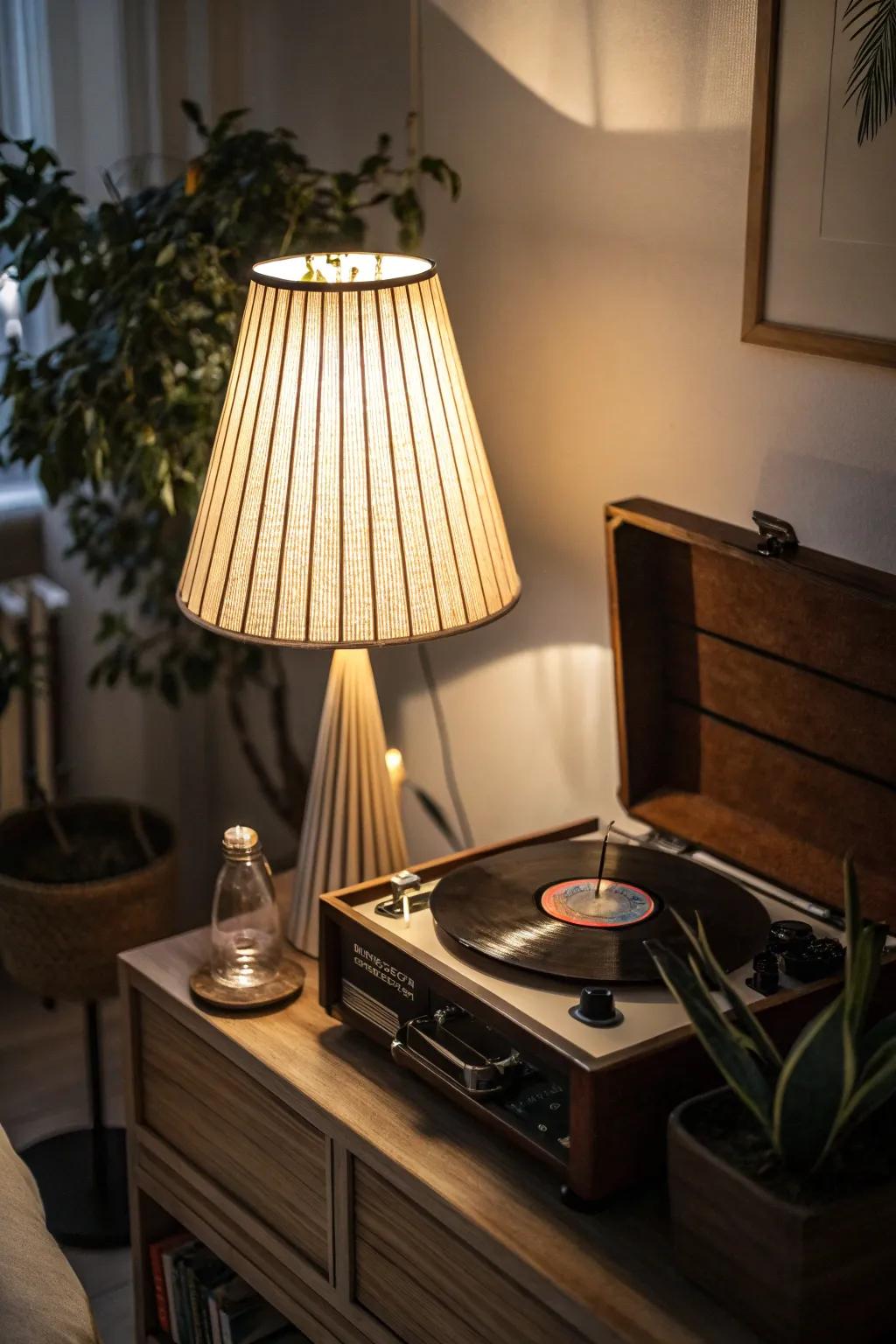 An ambient standing lamp adding subtle light to a turntable area.