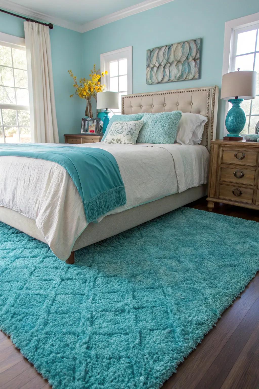 An azure floor covering fastens this bedroom's scheme by way of a burst of pigment.