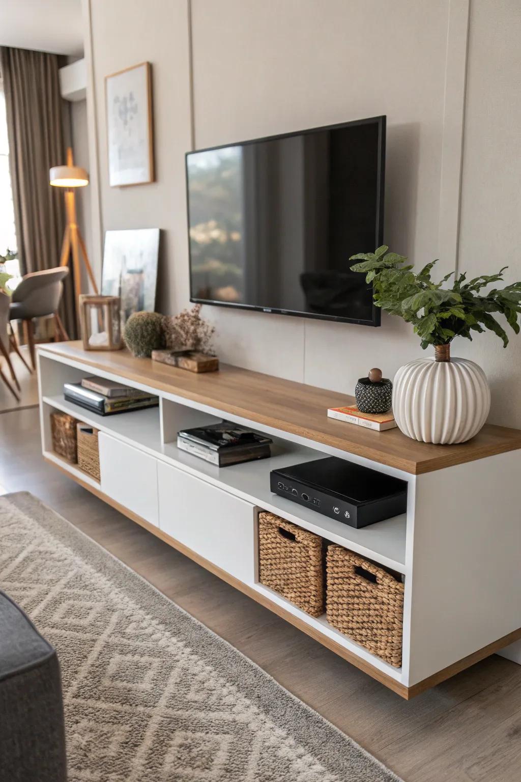 A suspended console offering open space beneath for holding items.