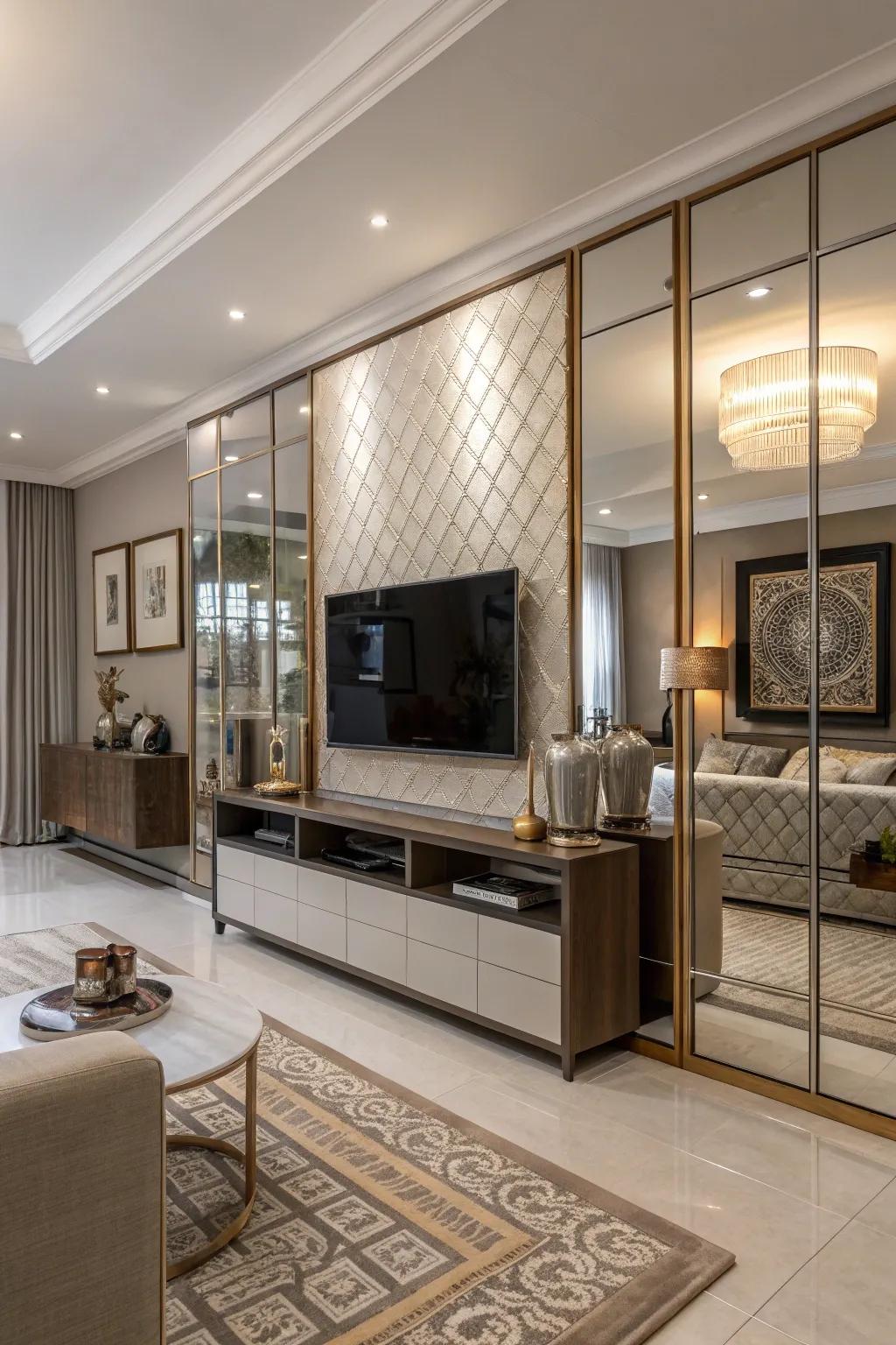 A TV wall that utilizes mirrors for a reflective, modern appearance.