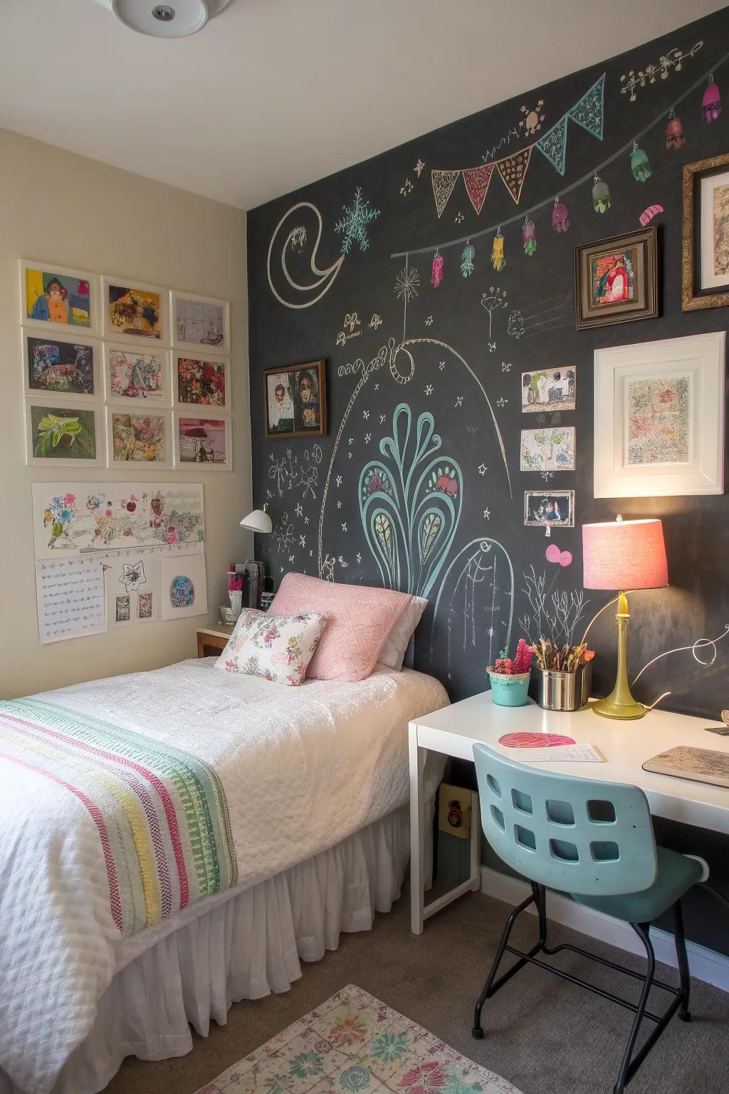 A slate board wall is a creative display, flawless for doodles and concepts.