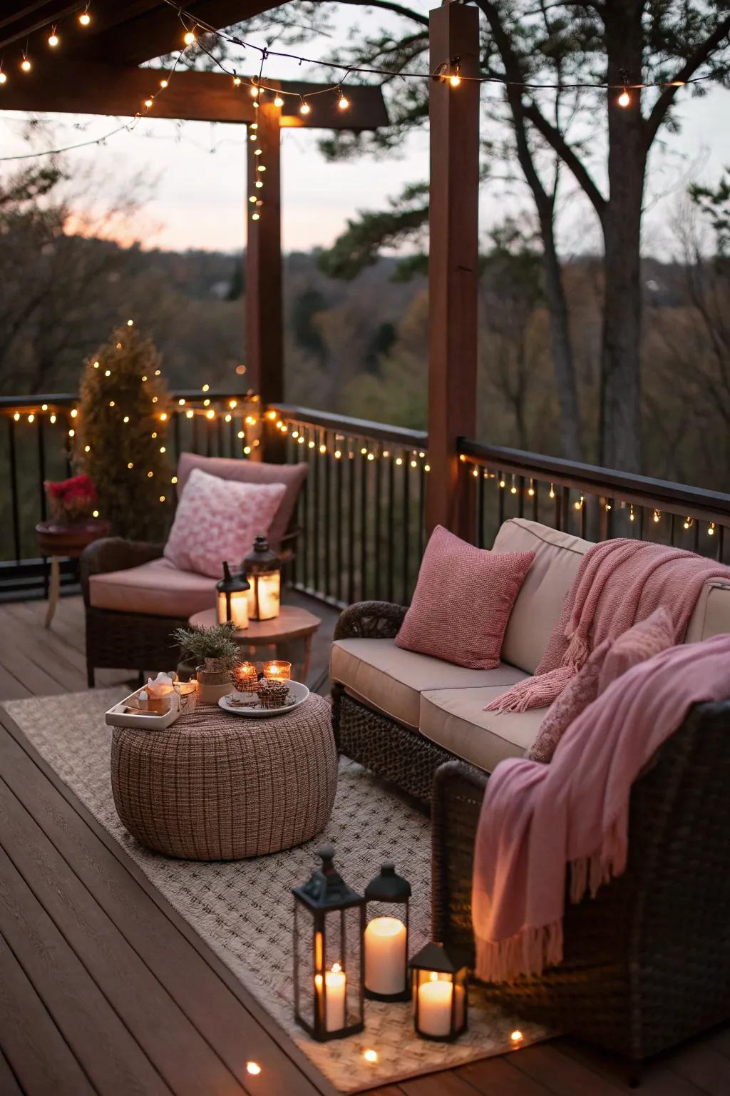 Rose and mocha create a romantic and cozy deck setting.
