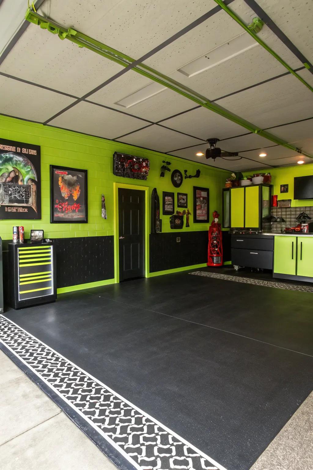Lime and black create an energetic and bold garage space.