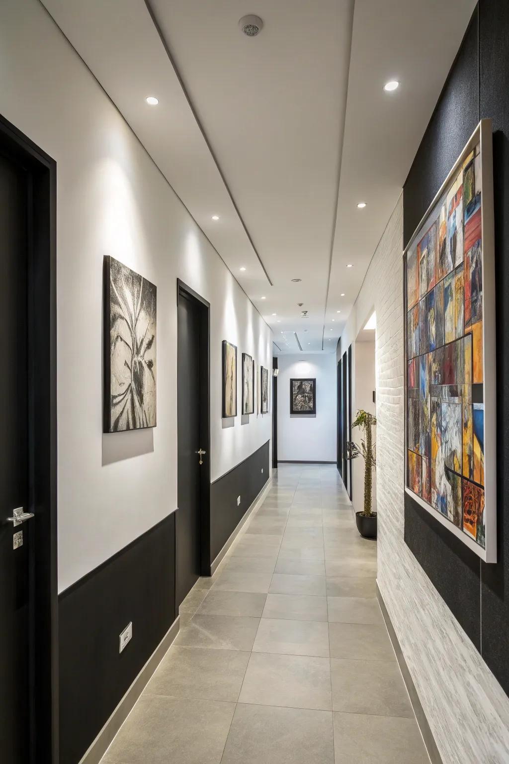Refined monochrome walls with striking modern art.