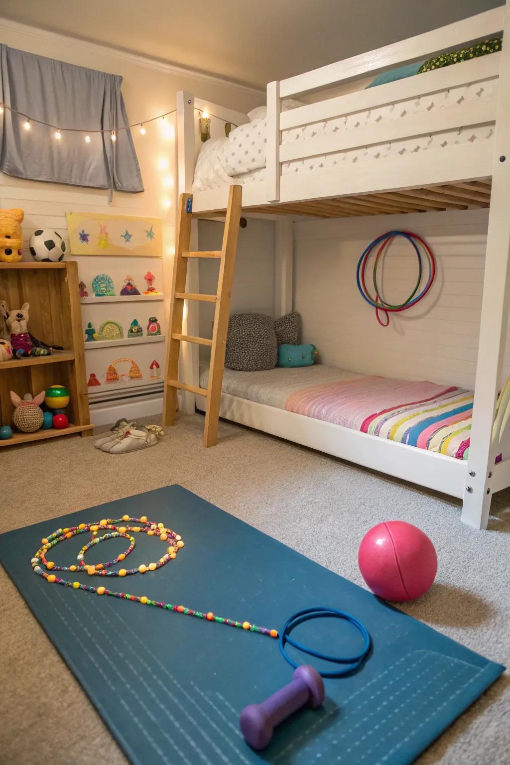 A mini gym for kids underneath the bunk bed.