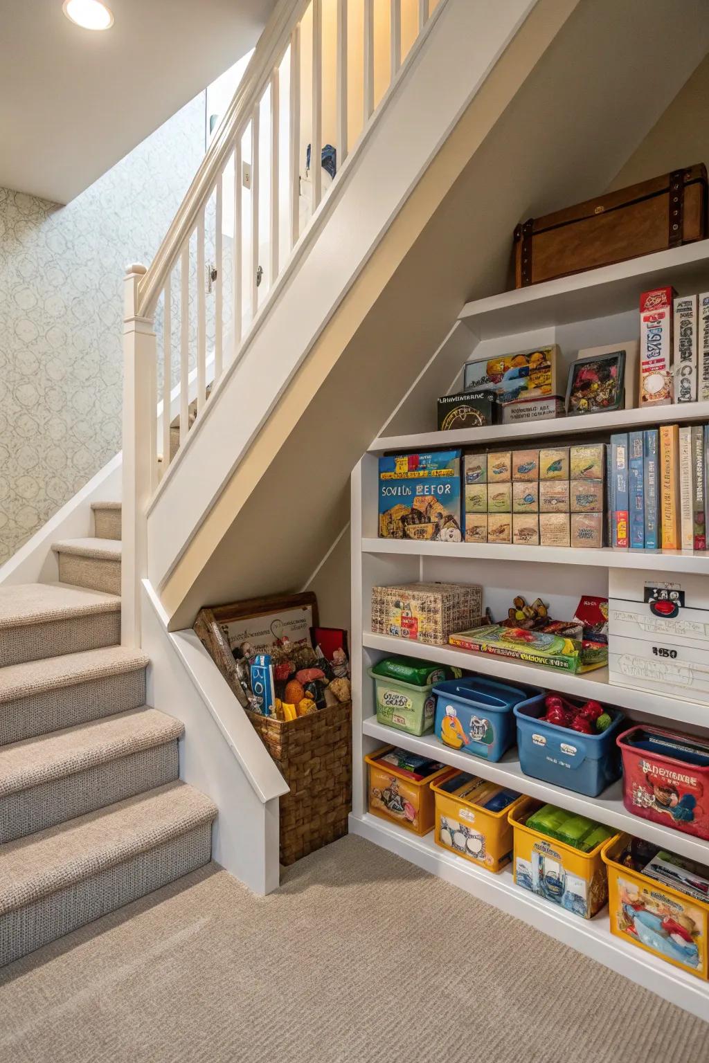 Organized game storage ensures family entertainment is easily accessible.