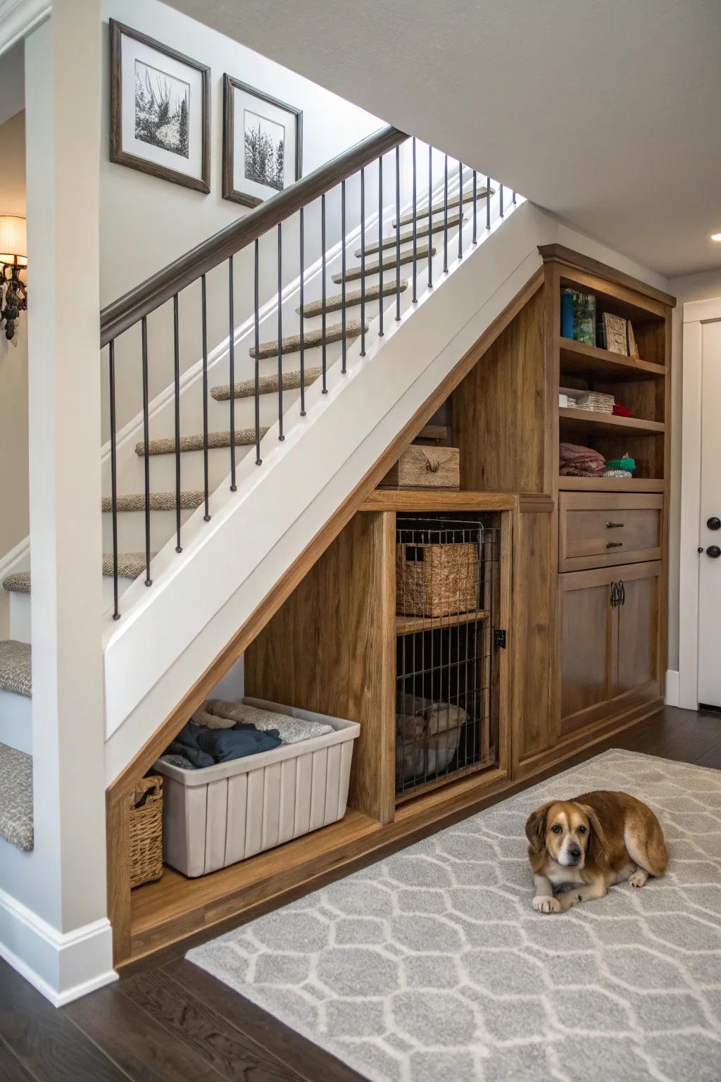 An integrated kennel can fuse aesthetic and utility effortlessly.
