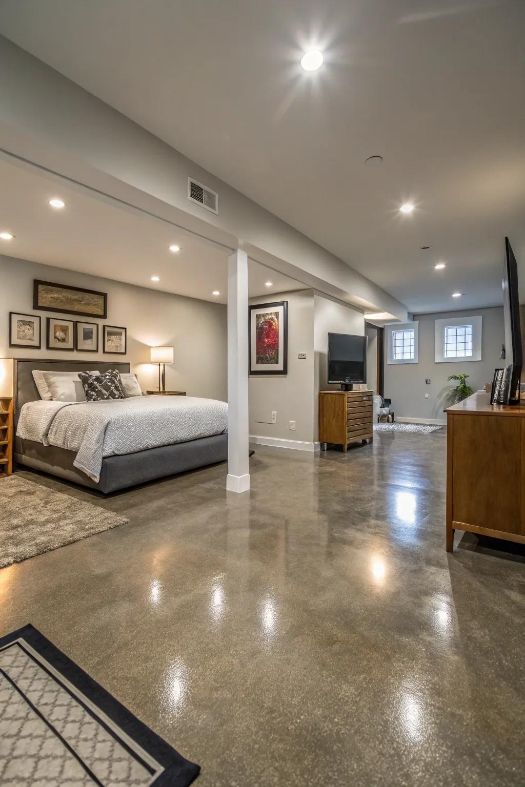 Painted floors can contribute a distinctive, modern nuance to your basement bedroom.