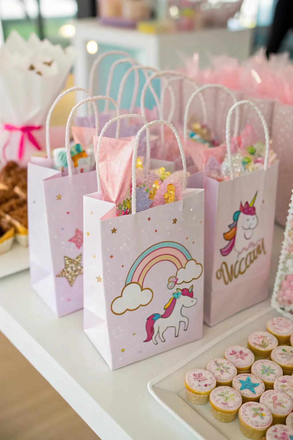Unicorn party favor bags ready for guests to take home.