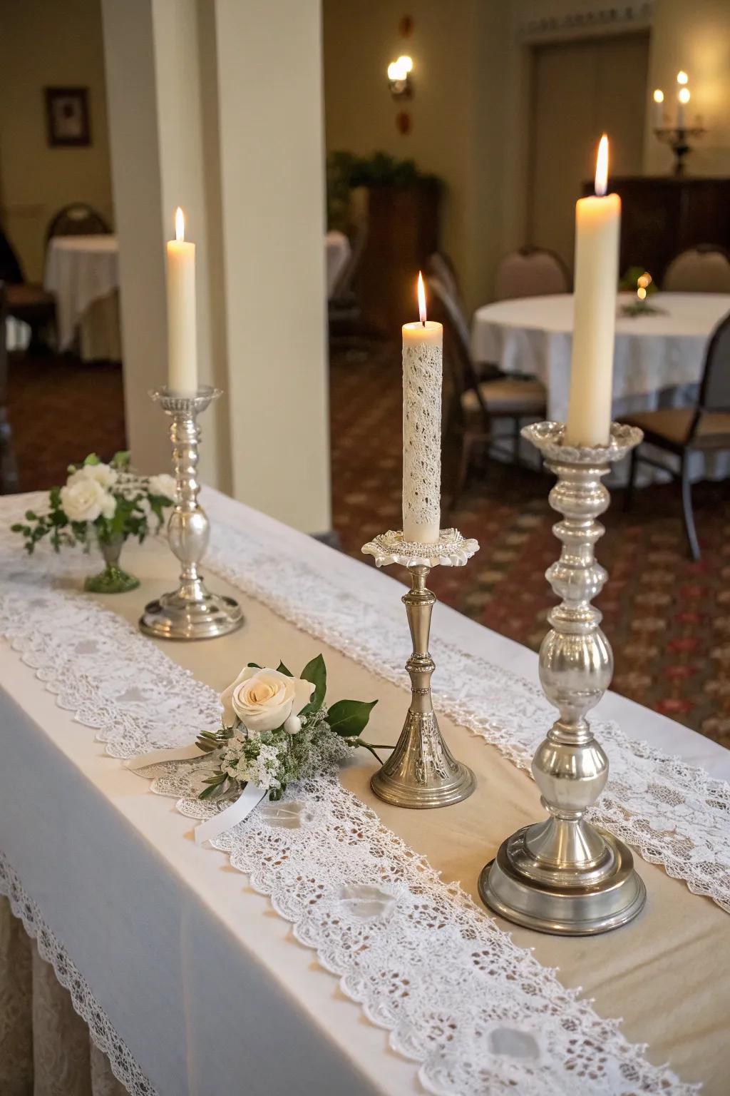Old-world appeal is enriched with antiquated light sticks and cloth ribbons.