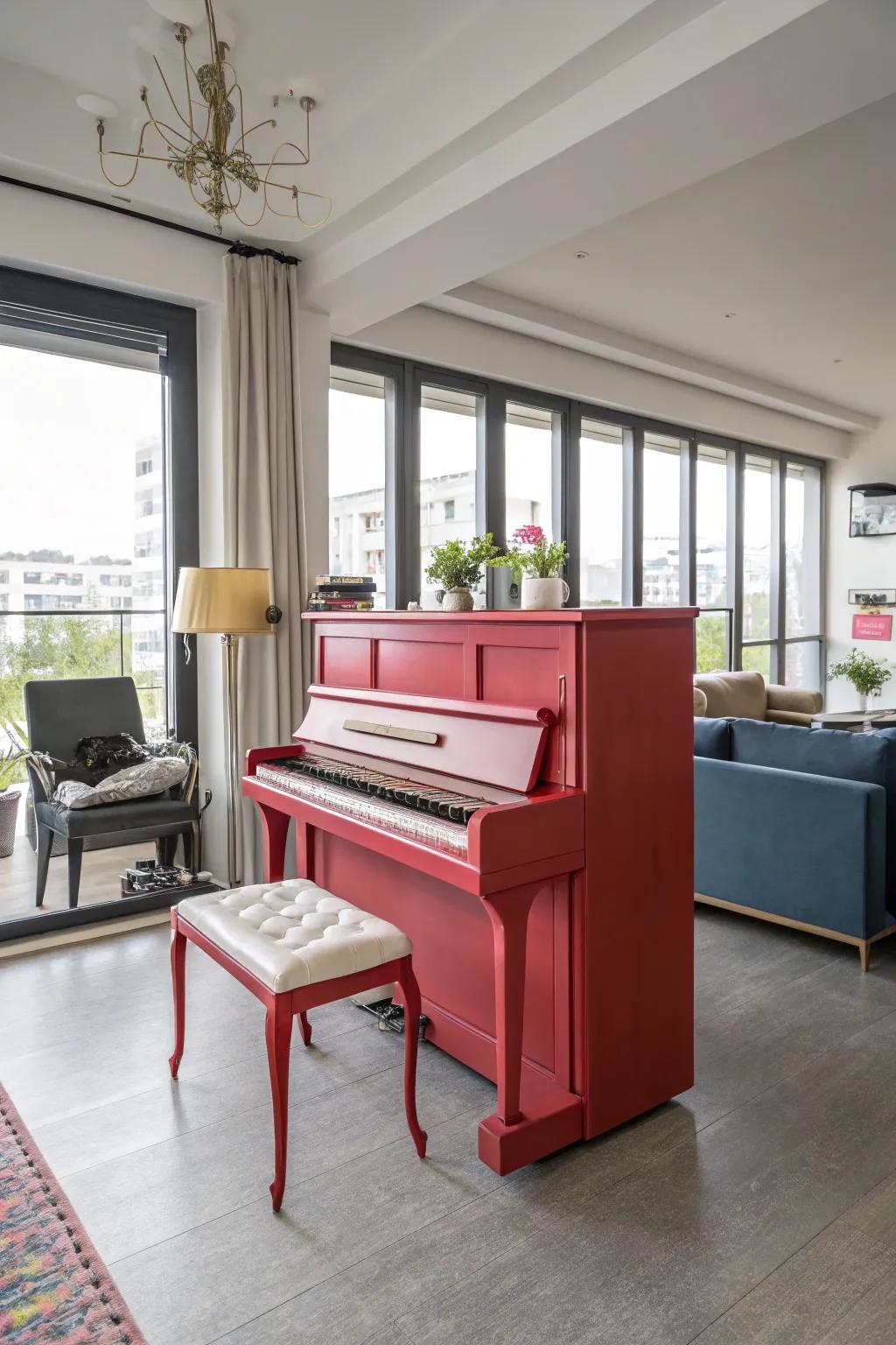 A contemporary living room featuring a boldly painted upright piano.