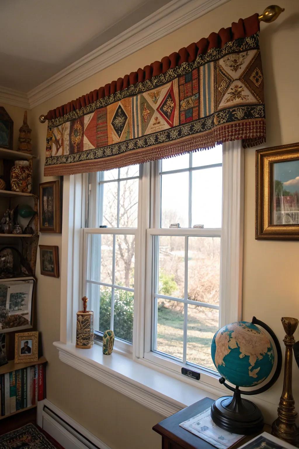 A window showcasing a culturally inspired valance within a globally themed chamber.