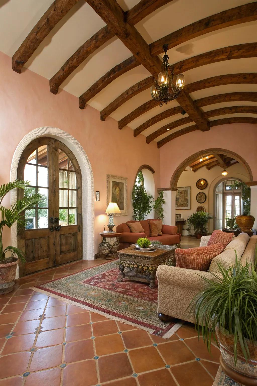 Mediterranean charm emanates from arched framework accentuating a vaulted ceiling.