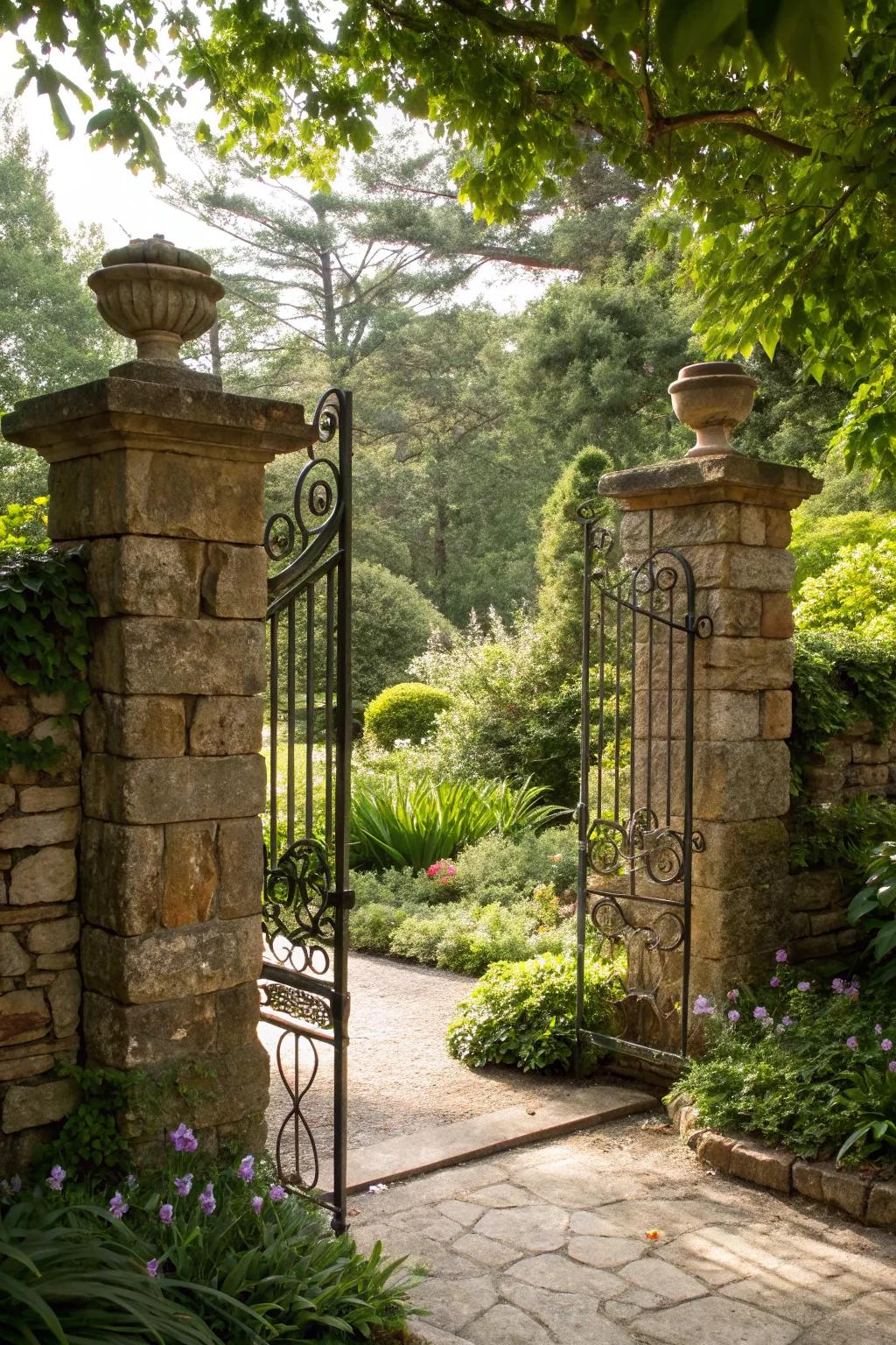 Stone supporters that add grandeur to the garden's entrance.