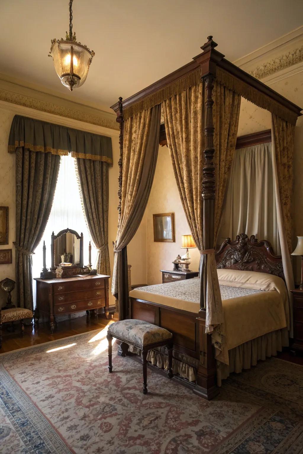 Weighty window treatments contribute drama and Victorian opulence to the chamber.