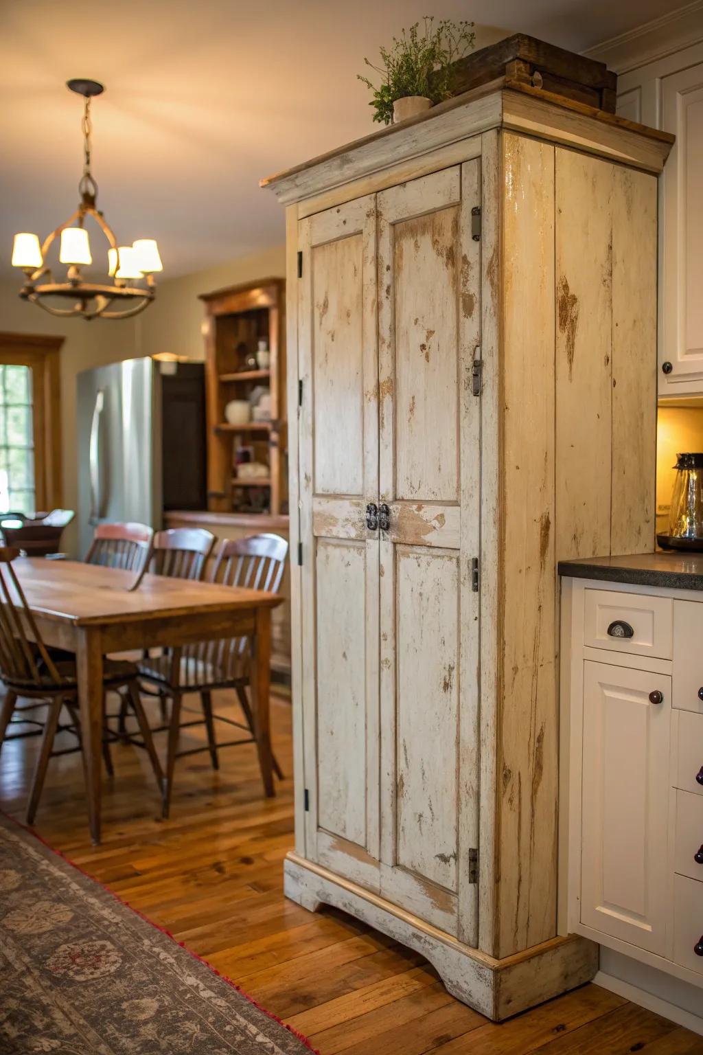 A vintage cabinet with a distressed finish, enriching the textural landscape of a cozy kitchen.