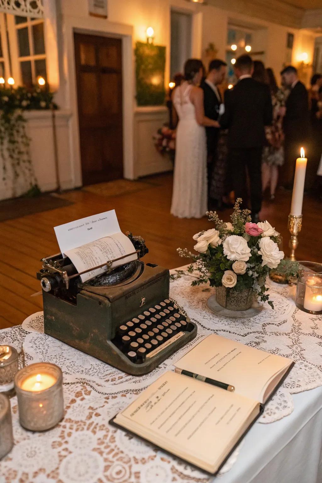 A classic letter-making device serving as a unique registry at a wedding.