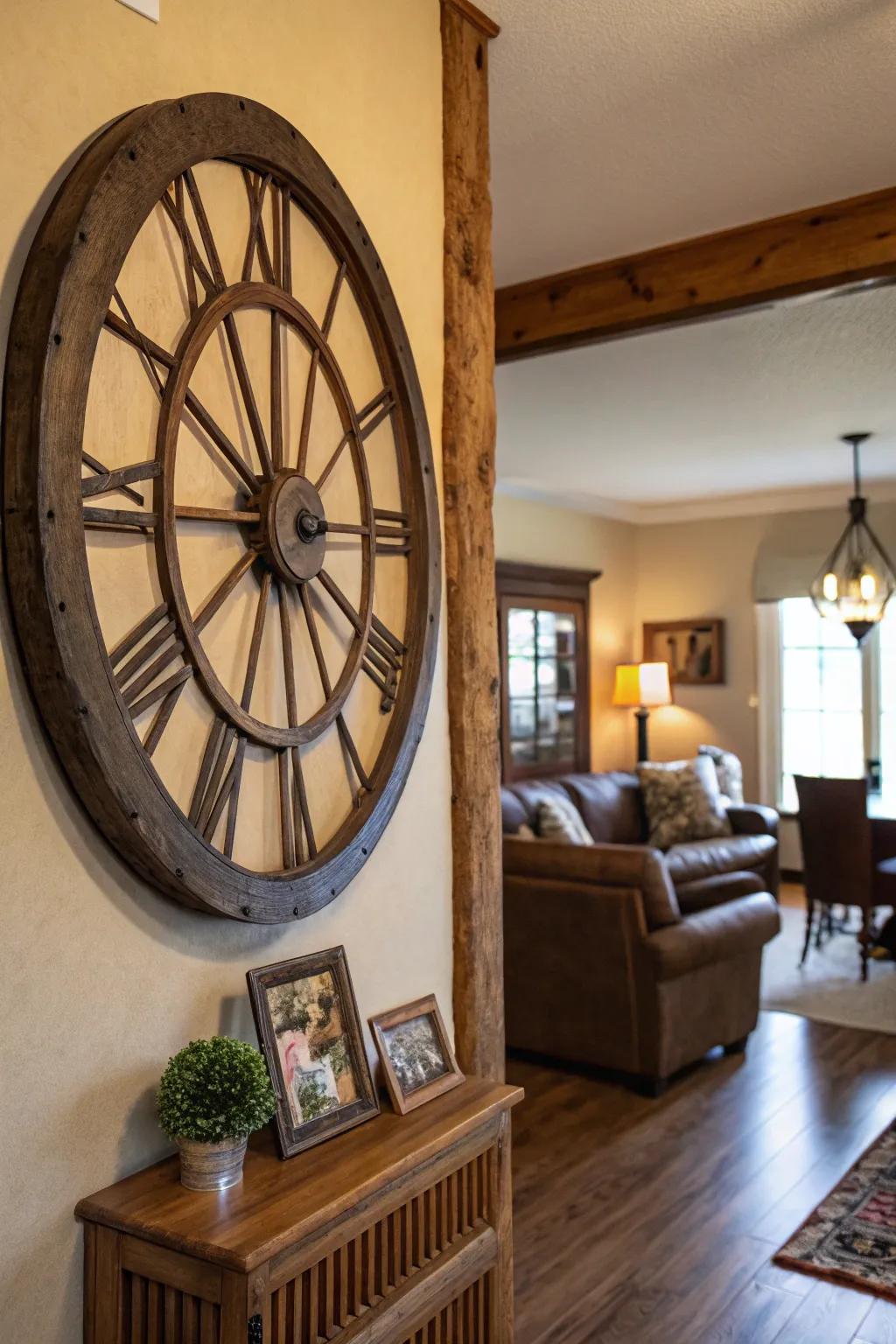 A carriage wheel transmuted into a heritage clock, serving as a stunning wall feature.