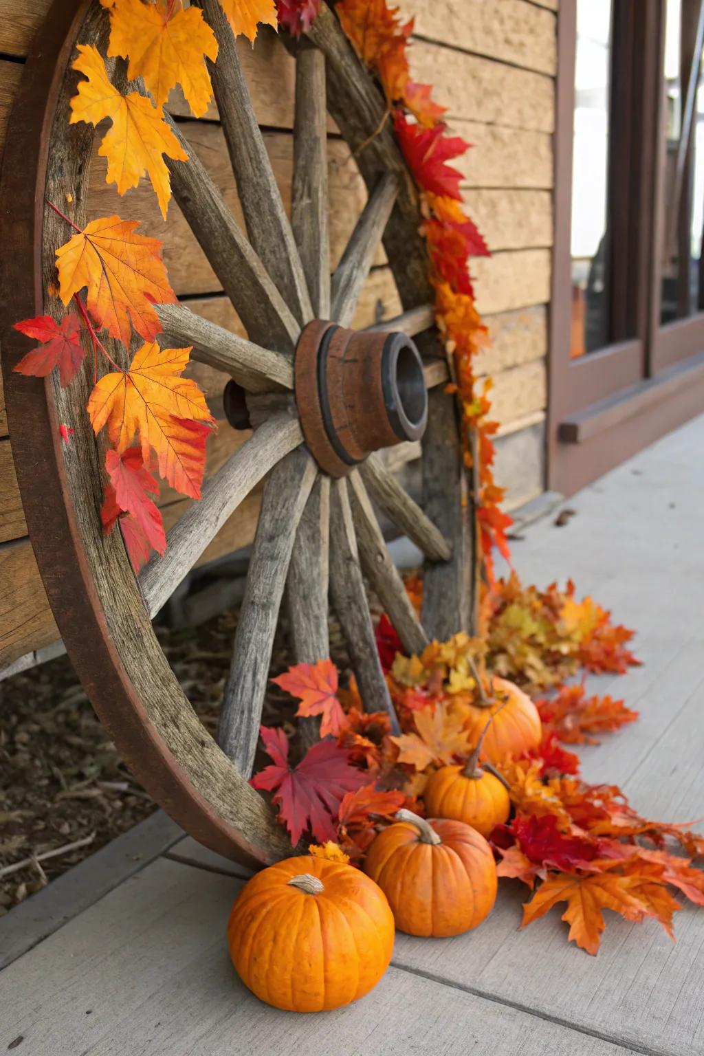 Seasonal nuances transmute a cartwheel into celebratory autumnal décor.