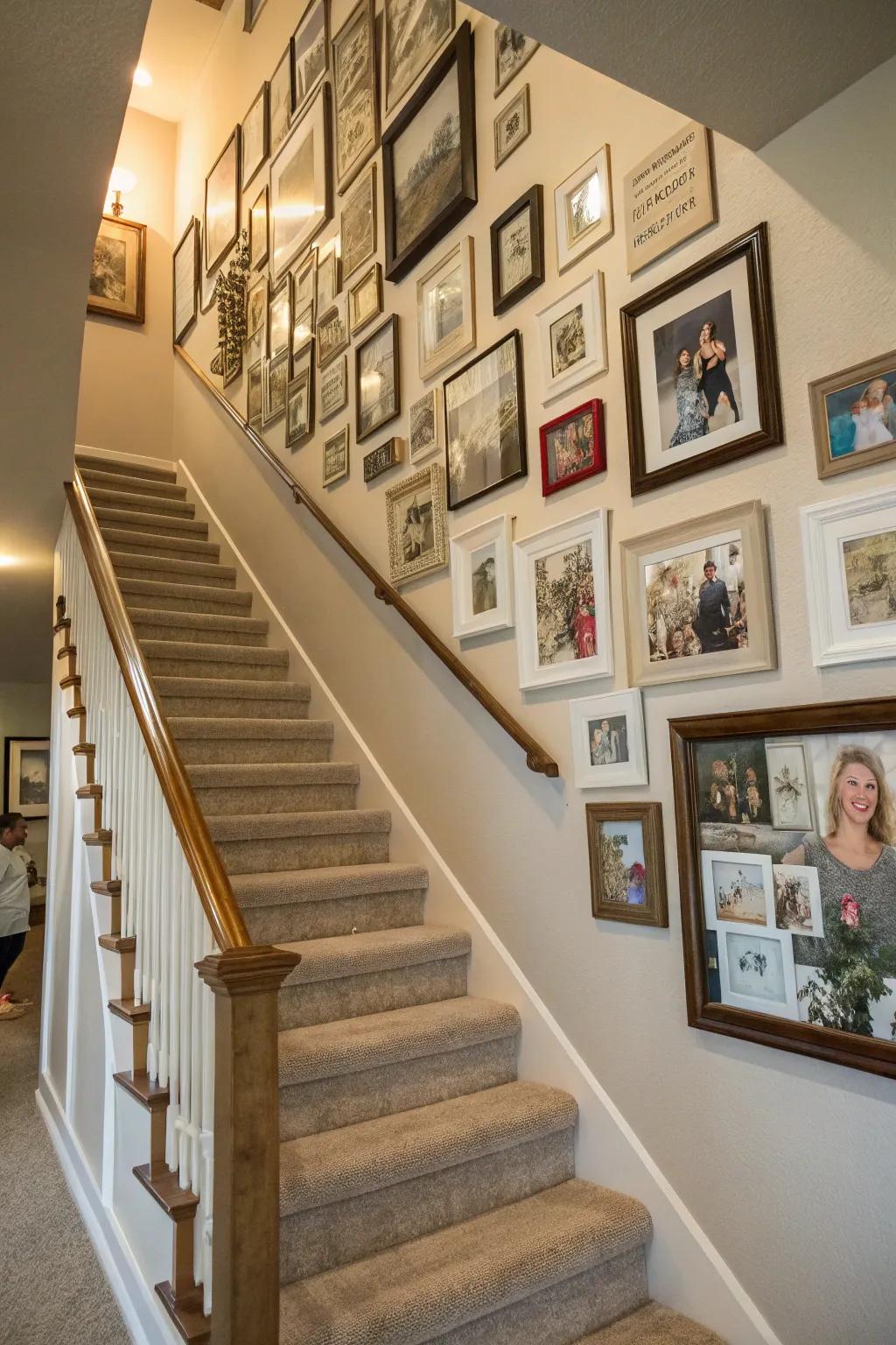 A photo collage possesses the capacity to transform your staircase wall into a storybook brimming with recollections.