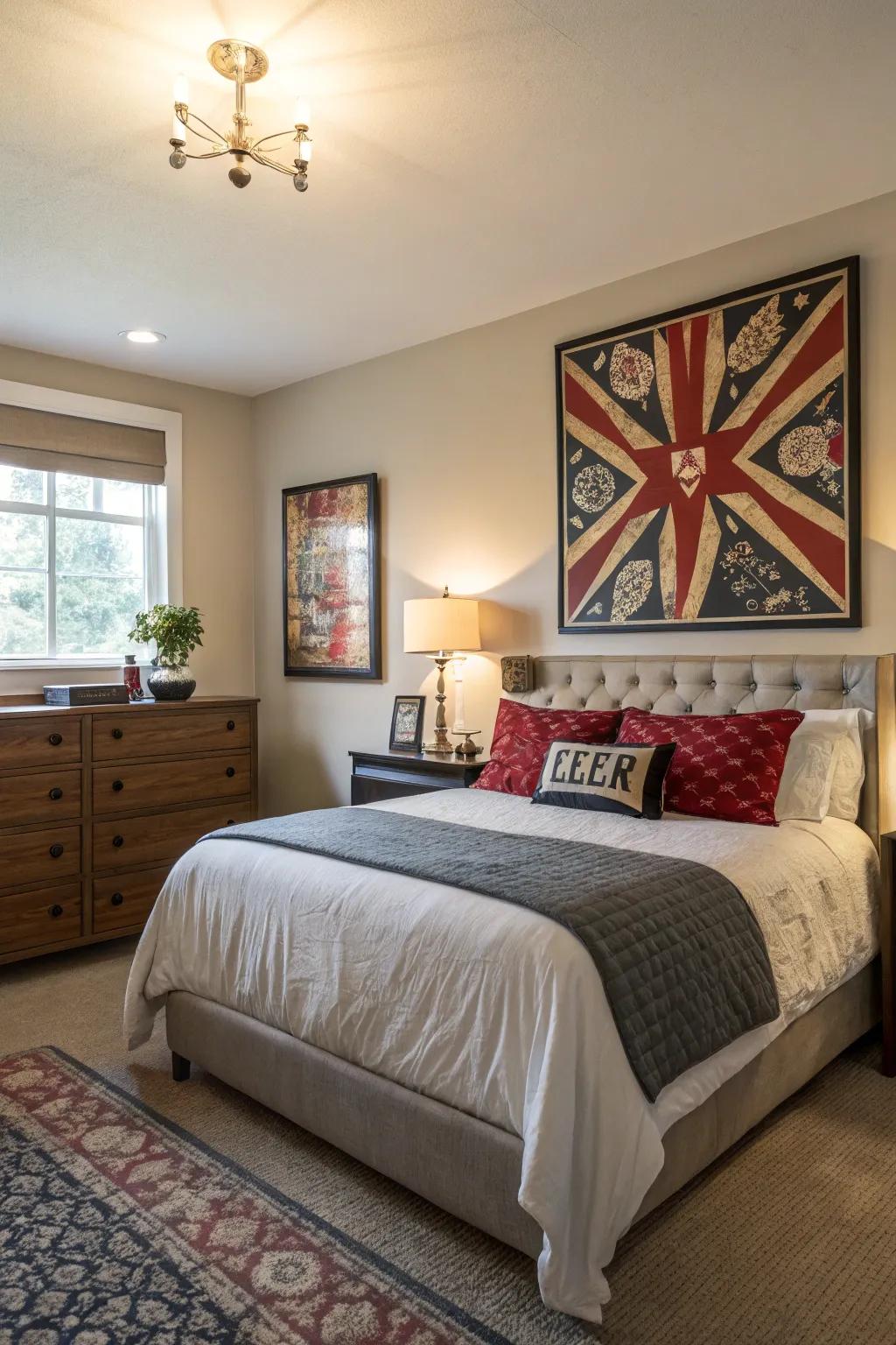 Expansive art creates a dramatic element in your bedroom.